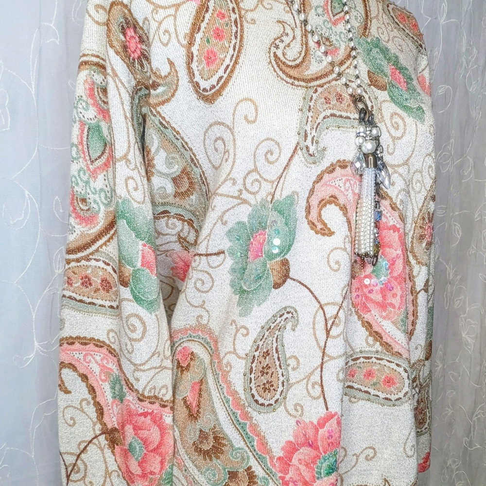 Alfred Dunner Shimmery Cream Floral & Pasley Sweater Shirt - Picture 5 of 14